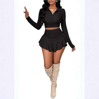 Women’s Fashion Two-Piece Set – Short Ruffled Top & Pearl-Embellished Skirt