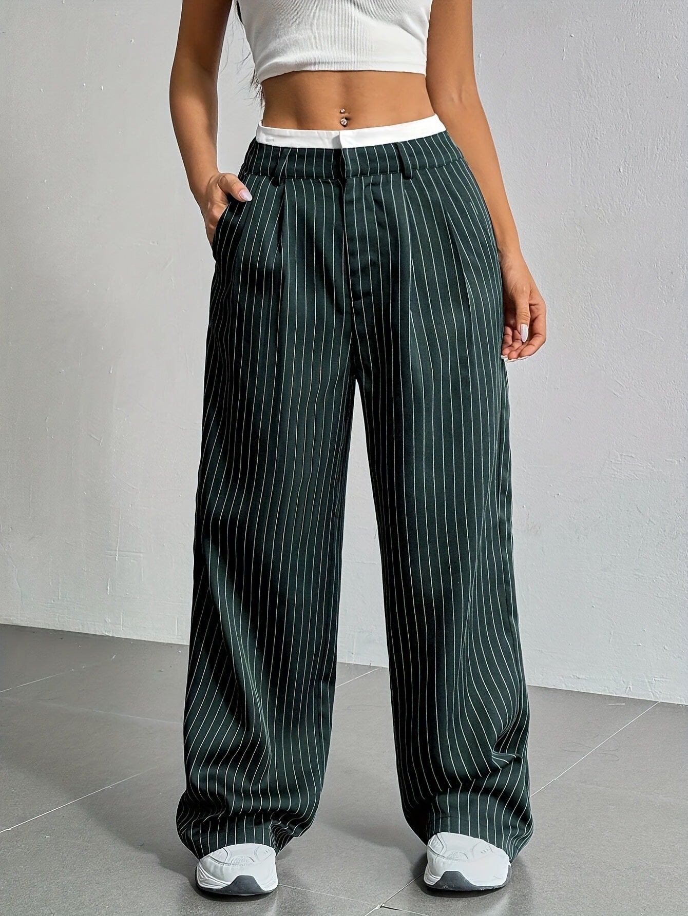 Women's High Waist Stripe Printed Straight-Leg Trousers – Casual Suit Pants with Zipper & Pockets