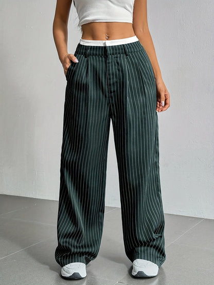 Women's High Waist Stripe Printed Straight-Leg Trousers – Casual Suit Pants with Zipper & Pockets