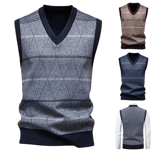 Retro Dad-Style Diamond Knit Vest with Fleece Lining