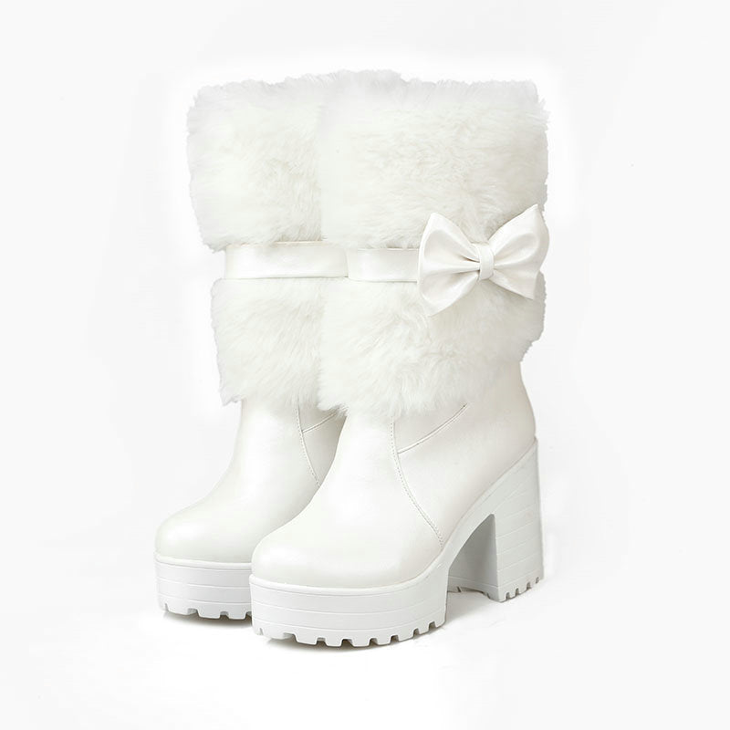 Women’s Thick Heel Snow Boots with Sweet Bow – Warm Winter Fashion