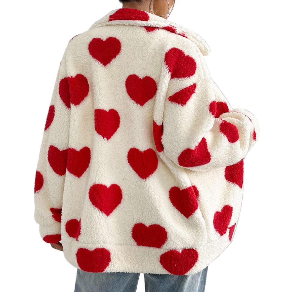 Women’s Plush “Loving Heart” Printed Coat – Cozy & Cute Outerwear