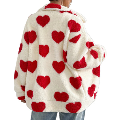Women’s Plush “Loving Heart” Printed Coat – Cozy & Cute Outerwear