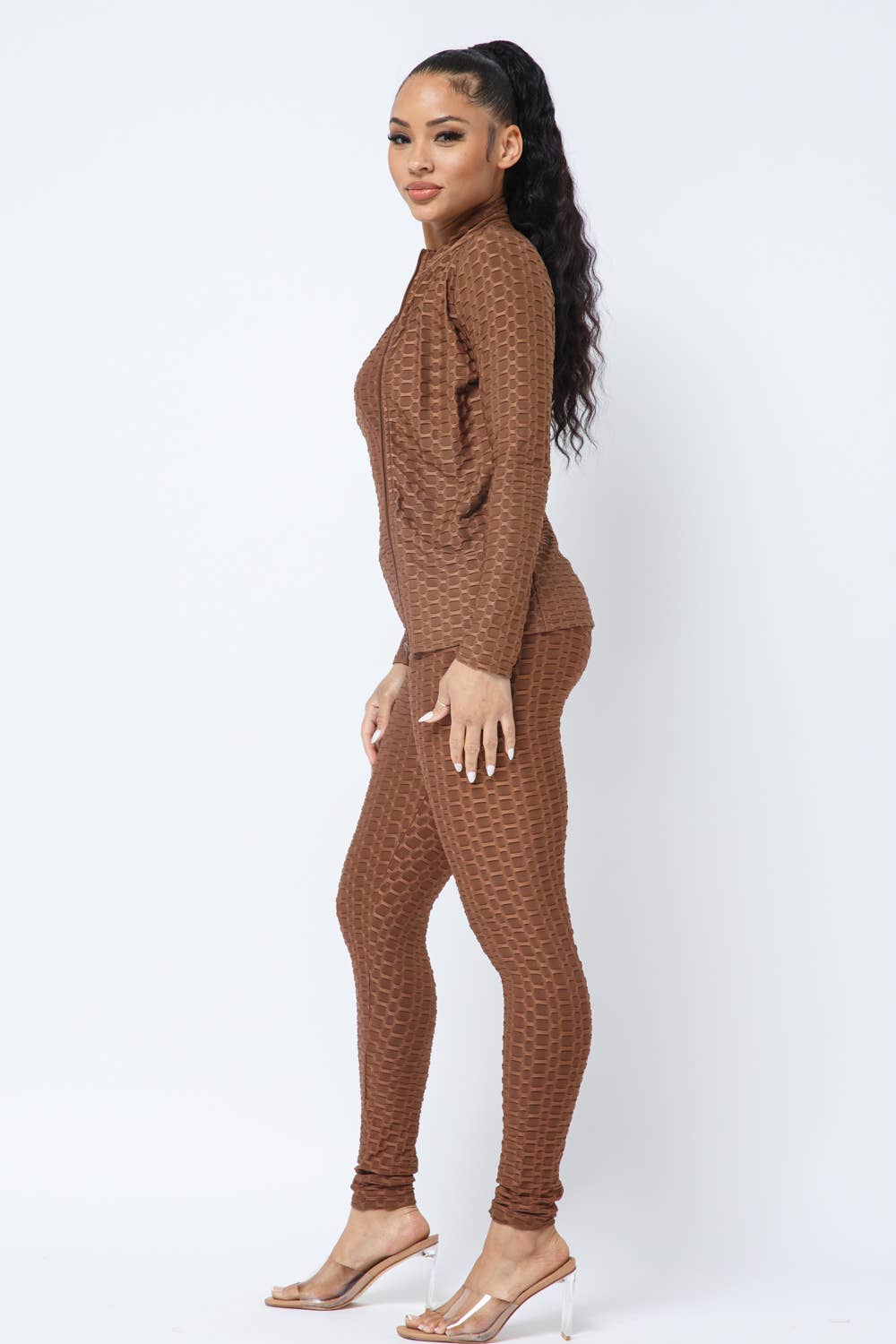 Honeycomb Cross Back Jumpsuit And Zipper Jacket Set