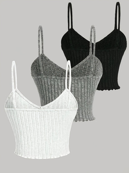 3pcs Elegant Solid Color Women's Cami Tops - Ribbed V-Neck, Sleeveless Spaghetti Strap Stretchy Top