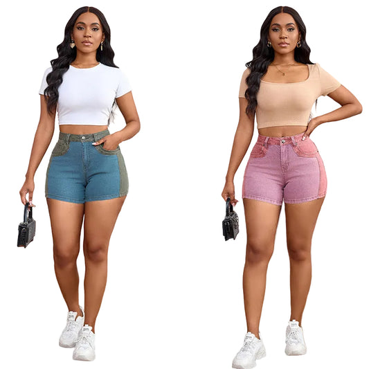New Womens Patchwork Denim Shorts