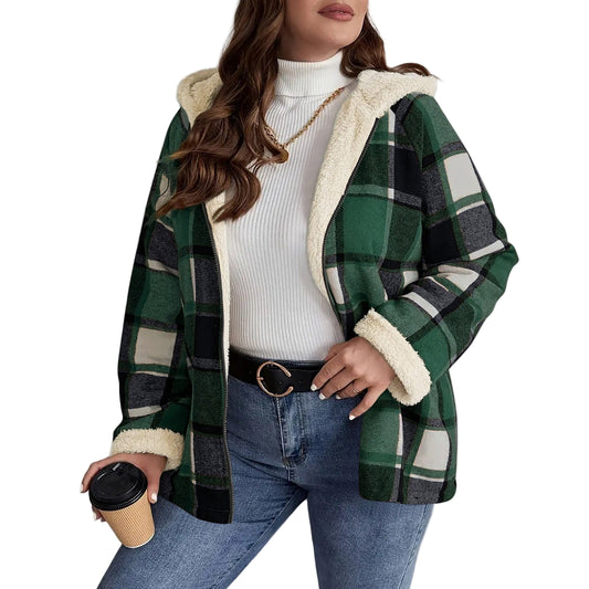 Women’s Plaid Hooded Coat – Fleece-Lined, Thick & Warm Composite Jacket