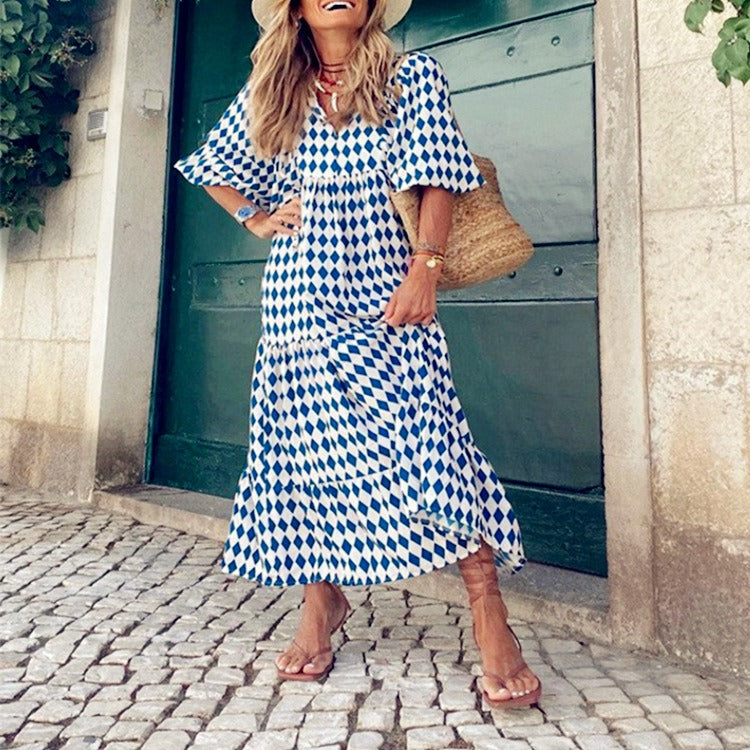 Geometric printed bubble sleeve dress