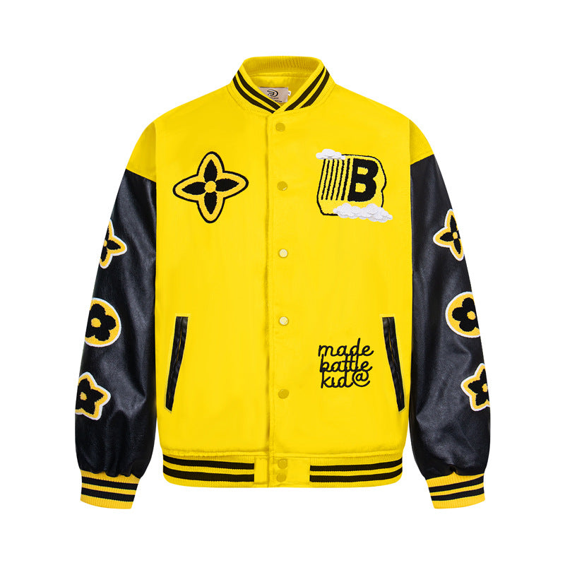 Men’s Street Style PU Leather Sleeve Patchwork Baseball Jacket