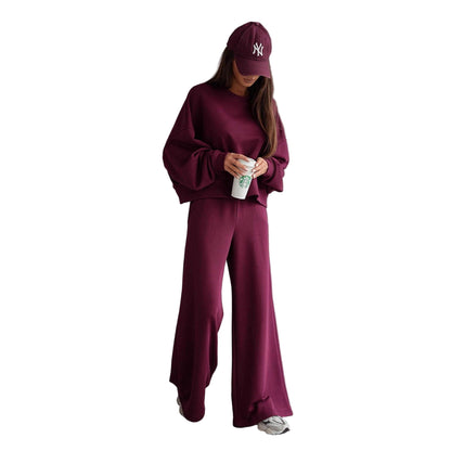 Women’s Autumn & Winter Two-Piece Set – Round Neck Long Sleeve Top with Wide Leg Pants