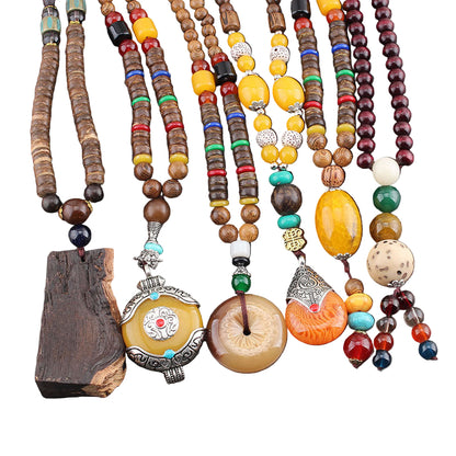 Men’s Ethnic Style Wooden Bead Sweater Chain Necklace