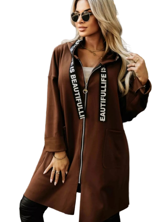 Plus Size Longline Hooded Zip-Up Outerwear – Casual Full-Size Streetwear Jacket