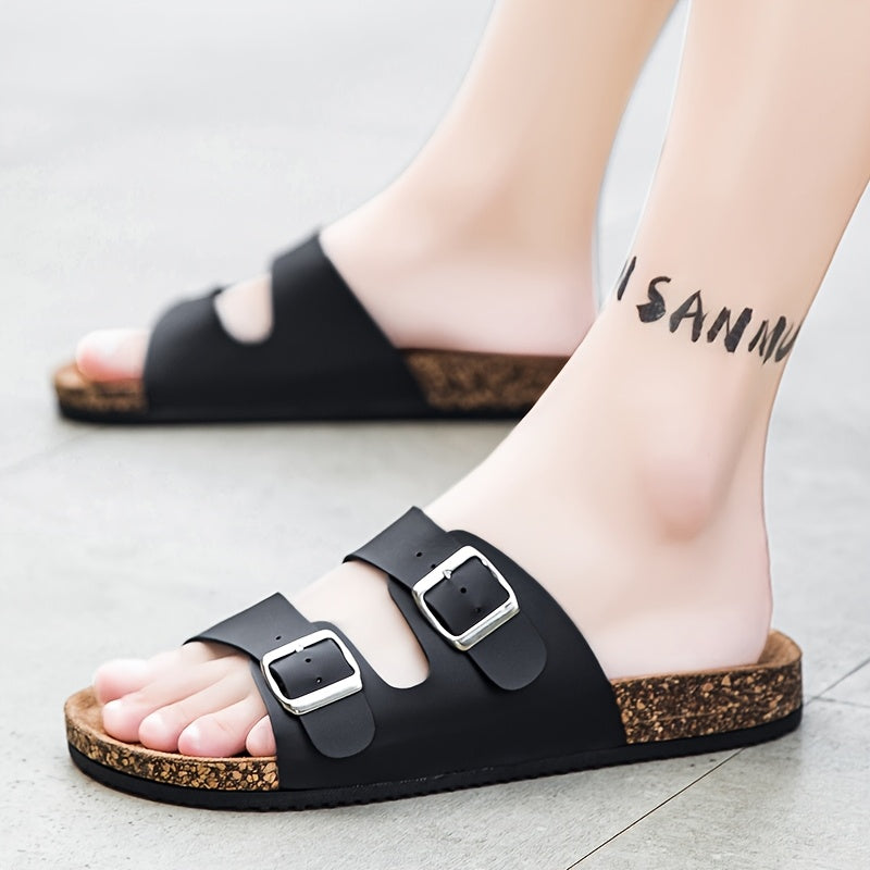 Casual Striped PU Cover Sandals with Adjustable Ankle Straps & Metallic Buckles