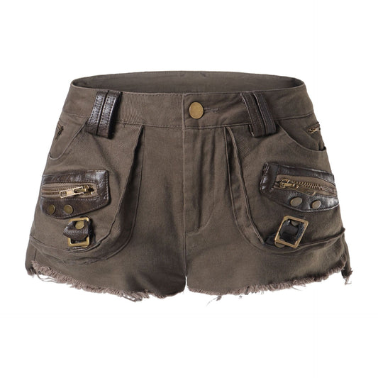 Leather buckle washed denim shorts for women
