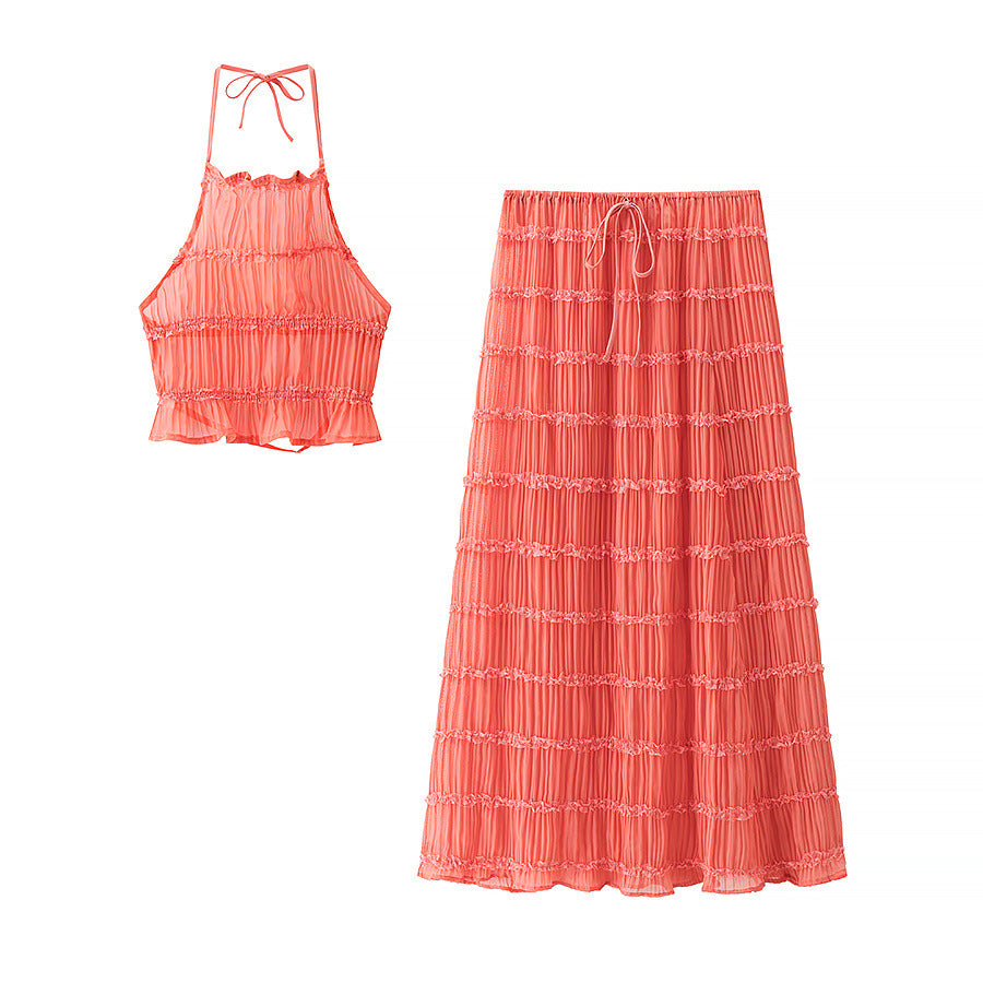 Two piece set of backless neck hanging suspender pleated long skirt