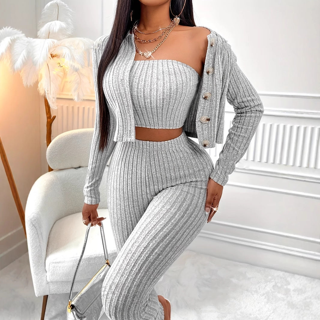 Women’s Fashion Three-Piece Set – Chic Cardigan, Camisole & Pants Outfit