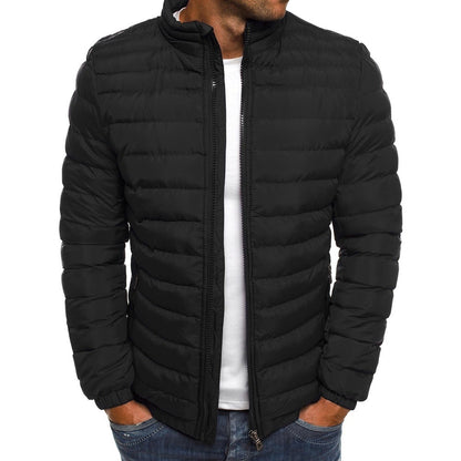 Men’s Zipper Jacket – Solid Color Thicken Cotton-Padded Overcoat with Pockets