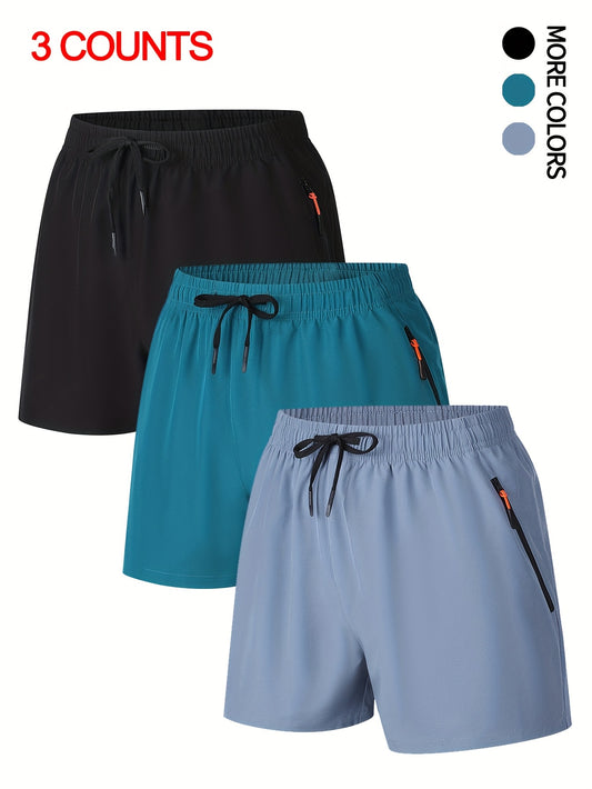 3-Pack Men's Summer Casual Shorts - Elastic Waist with Drawstring, Solid Color, Non-Stretch Woven Fabric, Regular Fit