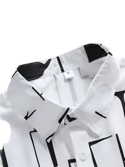 New Men's Casual Abstract Geometric Print, Button-Up Collar, Machine Washable Summer Shirt