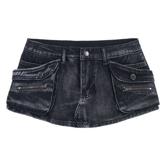 Multi pocket washed vintage denim mini skirt for women