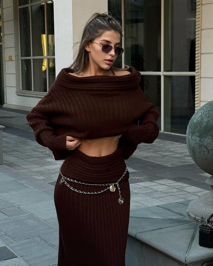 Women’s Winter Knitted Two-Piece Set – Off-Shoulder Sweater & Slim Skirt