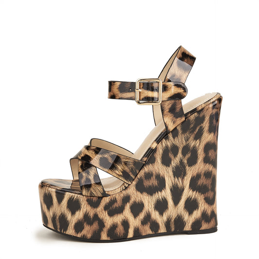 Leopard Print Wedge Heel Platform Sandals for Women