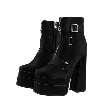New Super High Heel 14cm Platform Thick Heel Square Head Silk Women's Smoke Pipe Boots Large Size 42