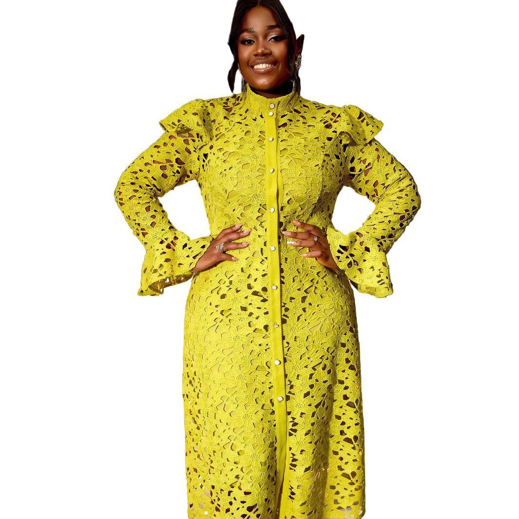 Chic Lace Coat Dress with Half-Turtleneck & Cardigan-Style Layering