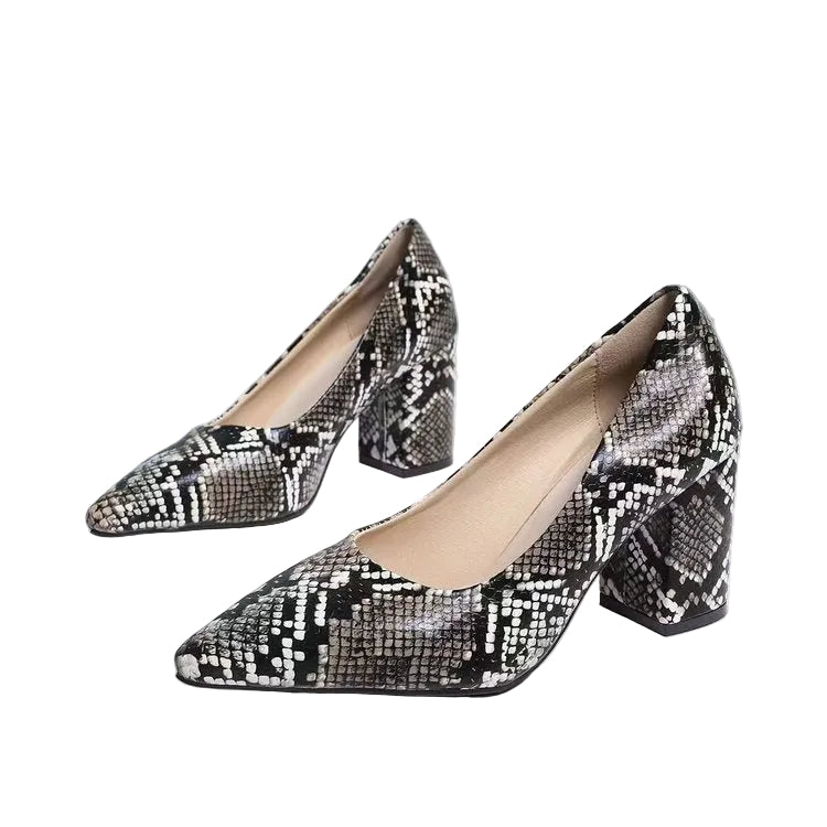 Women’s Snake Print Pointed Toe Block Heel Pumps