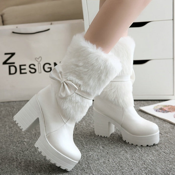 Women’s Thick Heel Snow Boots with Sweet Bow – Warm Winter Fashion