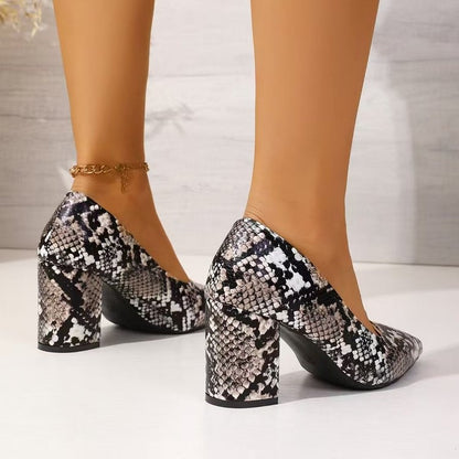 Women’s Snake Print Pointed Toe Block Heel Pumps