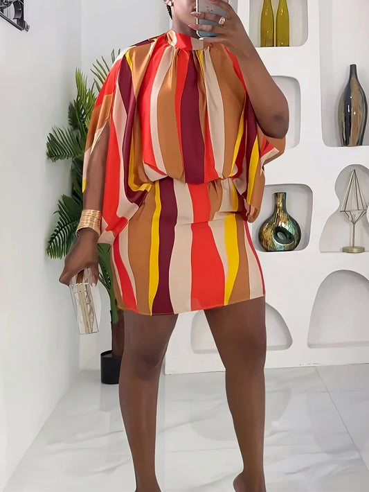 Women's Plus Size Fashion Casual Striped Short Dress with Tie Neck Detail