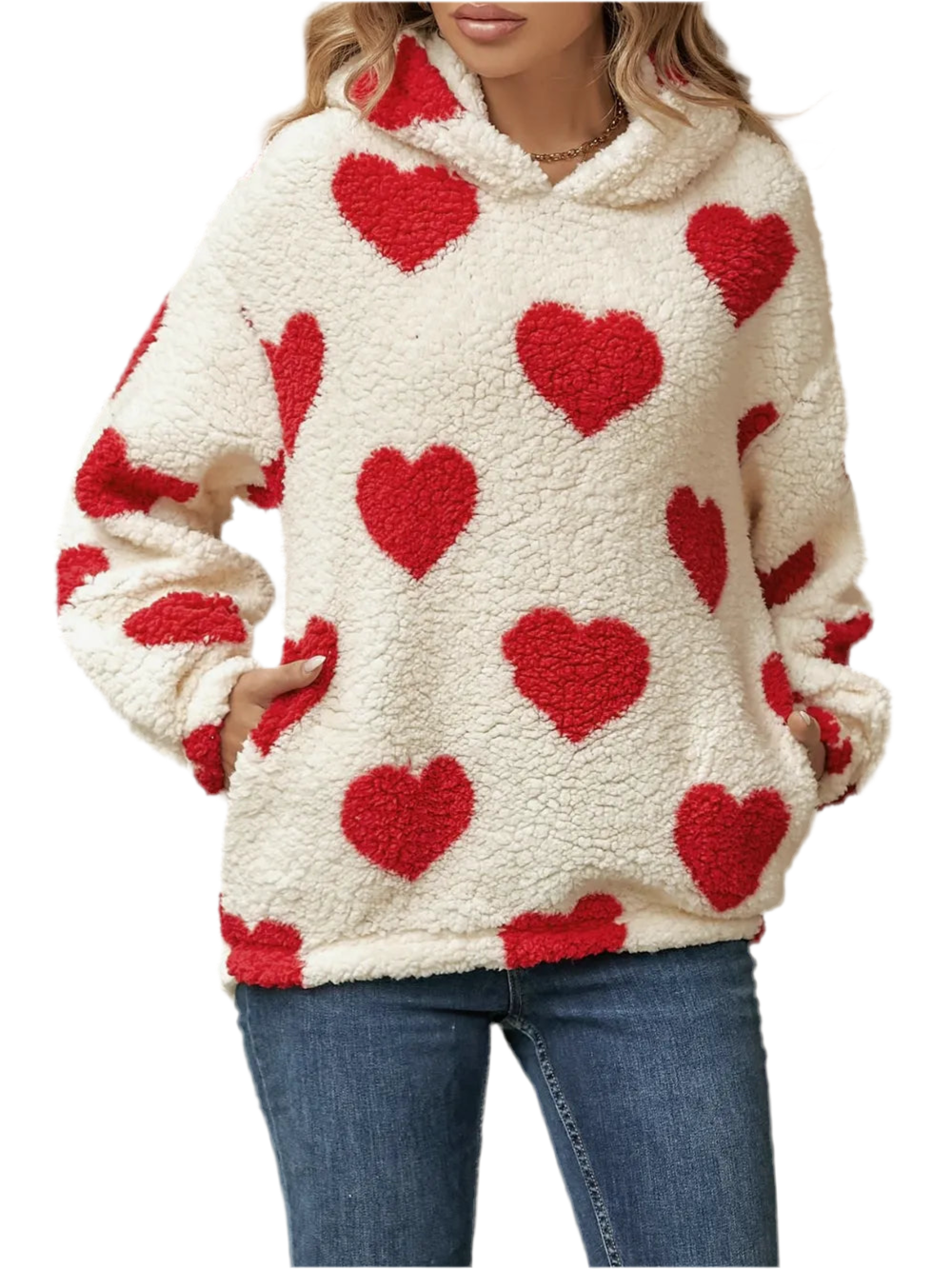 Fuzzy Heart Pocketed Dropped Shoulder Hoodie