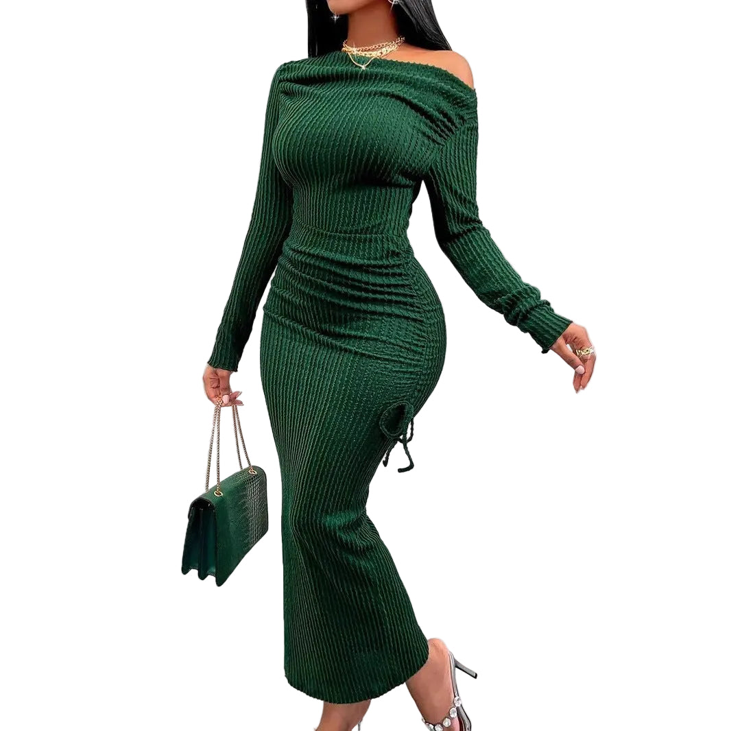 Elegant Women's High Neck Long Sleeve Fitted Ruched Drawstring Bodycon Dress