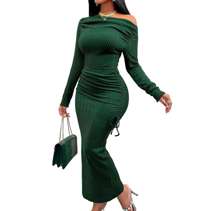 Elegant Women's High Neck Long Sleeve Fitted Ruched Drawstring Bodycon Dress