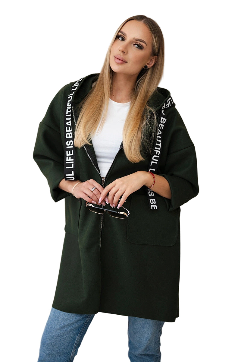 Women’s Plus-Size Hooded Woolen Coat – Long Sleeve Zip-Up Sports Style