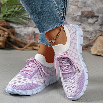 Women's Color block Plaid Fly knit Sneakers – Breathable Lace-Up Mesh Running & Walking Shoes