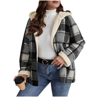 Women’s Plaid Hooded Coat – Fleece-Lined, Thick & Warm Composite Jacket