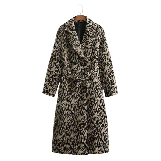 Women’s Leopard Print Woolen Coat – Stylish Lapel Long Winter Jacket