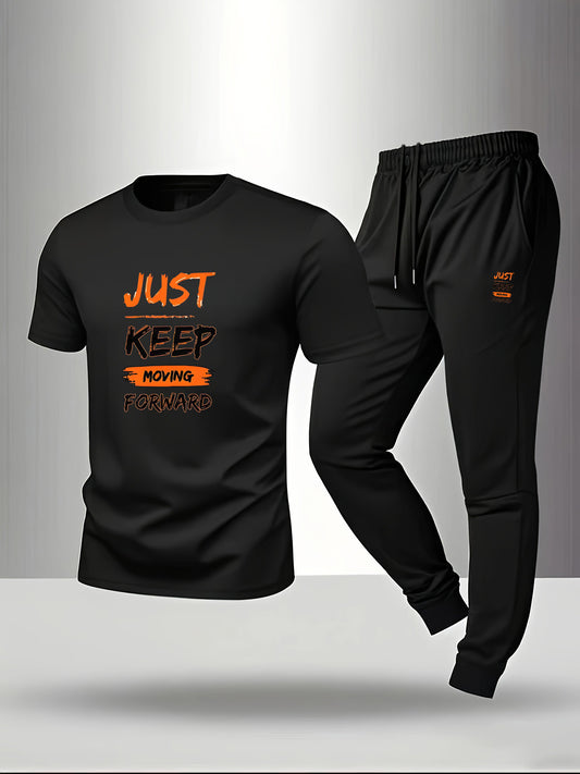 Men’s Breathable Athletic Set – White “Just Keep Moving” T-Shirt & Black Joggers