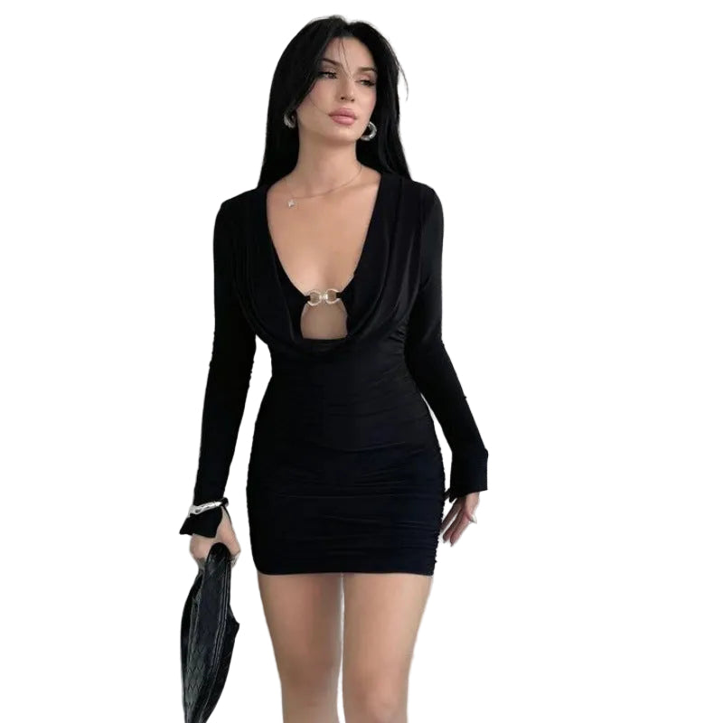 Sexy High-Waist Bodycon Dress with Long Sleeves