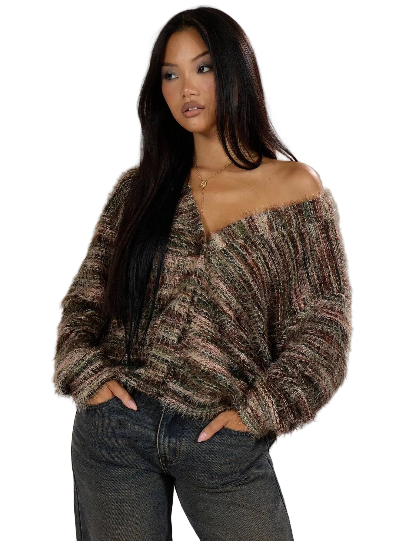 Striped V-Neck Knit Cardigan – Long Sleeve Cropped Sweater