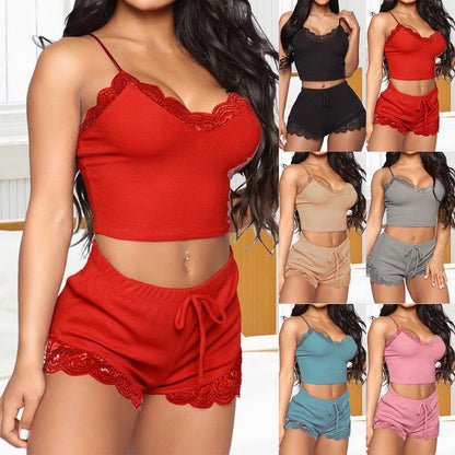 Women’s European & American Lace Lingerie Shorts Set – Elegant Two-Piece Nightwear