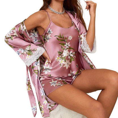 Women’s Sexy Three-Piece Silk-Like Sleepwear Set with Robe