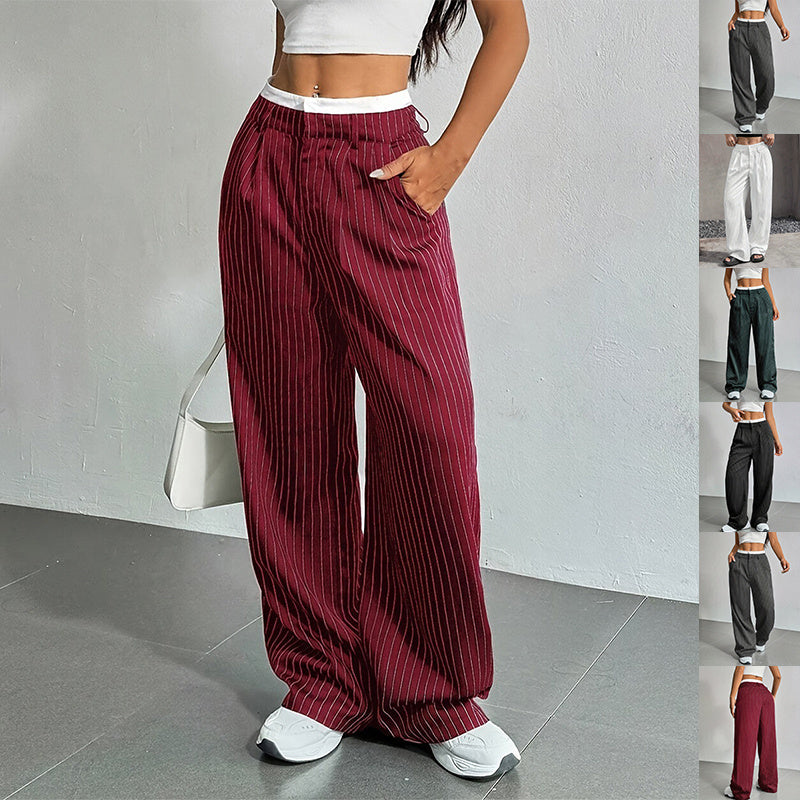 Women's High Waist Stripe Printed Straight-Leg Trousers – Casual Suit Pants with Zipper & Pockets