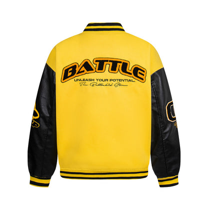 Unisex Color-Block PU Leather Sleeve Varsity Jacket – Loose Fit
