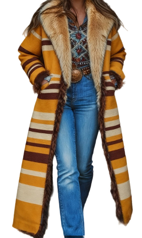 Retro Women’s Long Printed Coat – Warm Winter Overcoat, Vintage Boho Style, Elegant Casual Outerwear