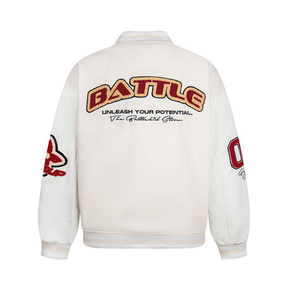 Unisex Color-Block PU Leather Sleeve Varsity Jacket – Loose Fit