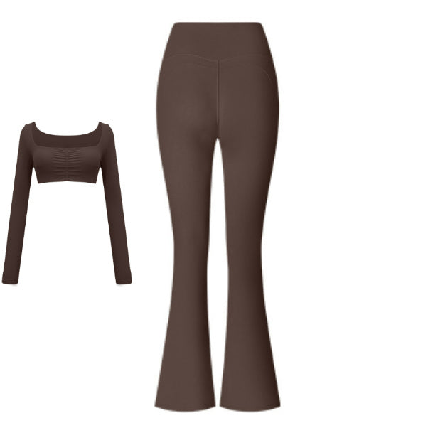 Women’s Solid Color Two-Piece Sports Set – Long Sleeve Top & Flared Pants