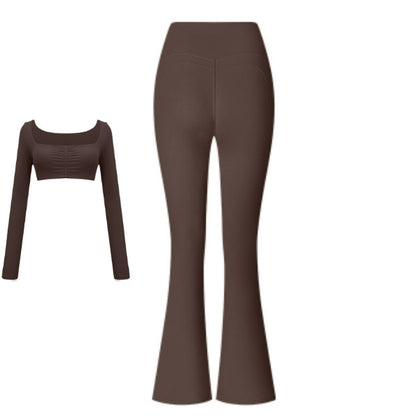 Women’s Solid Color Two-Piece Sports Set – Long Sleeve Top & Flared Pants